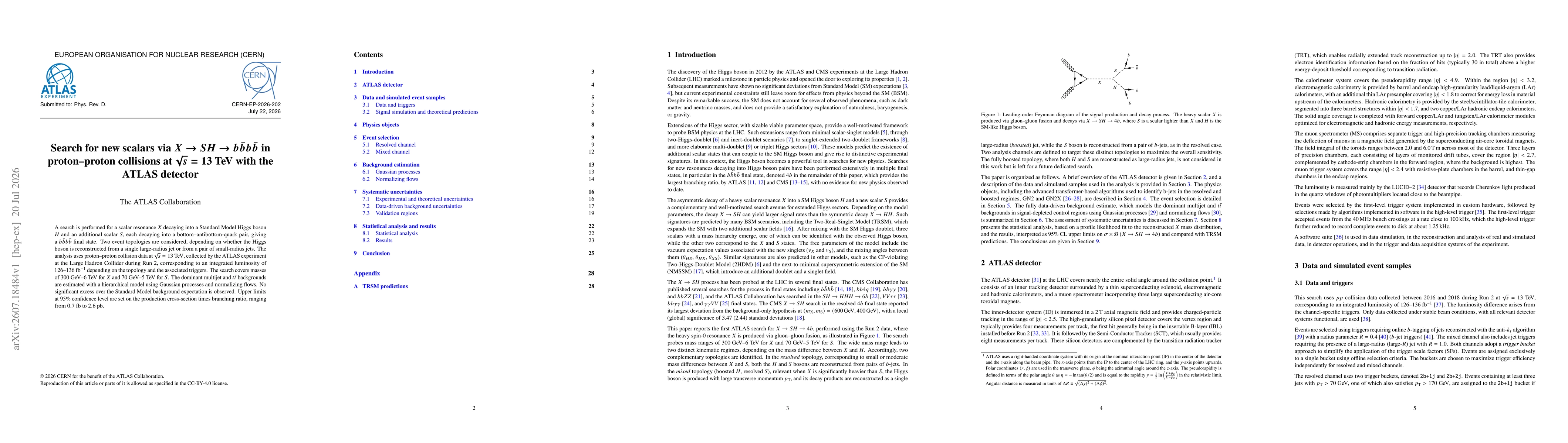 Thumbnail for Search for new scalars via $X \rightarrow SH \rightarrow b\bar{b}b\bar{b}$ in proton-proton collisions at $\sqrt{s} = 13$ TeV with the ATLAS detector