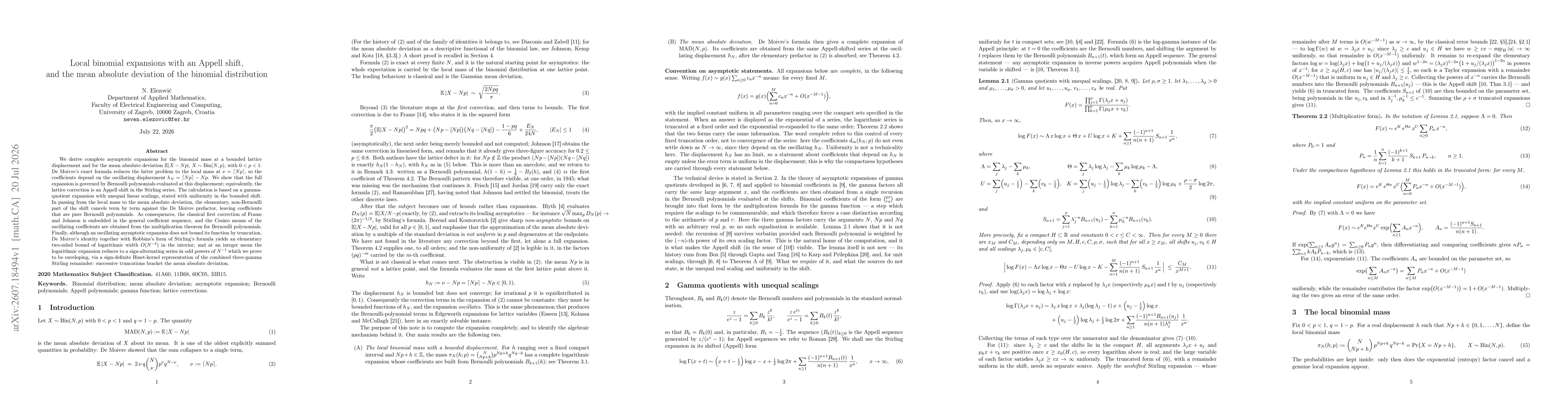Thumbnail for Local binomial expansions with an Appell shift, and the mean absolute deviation of the binomial distribution