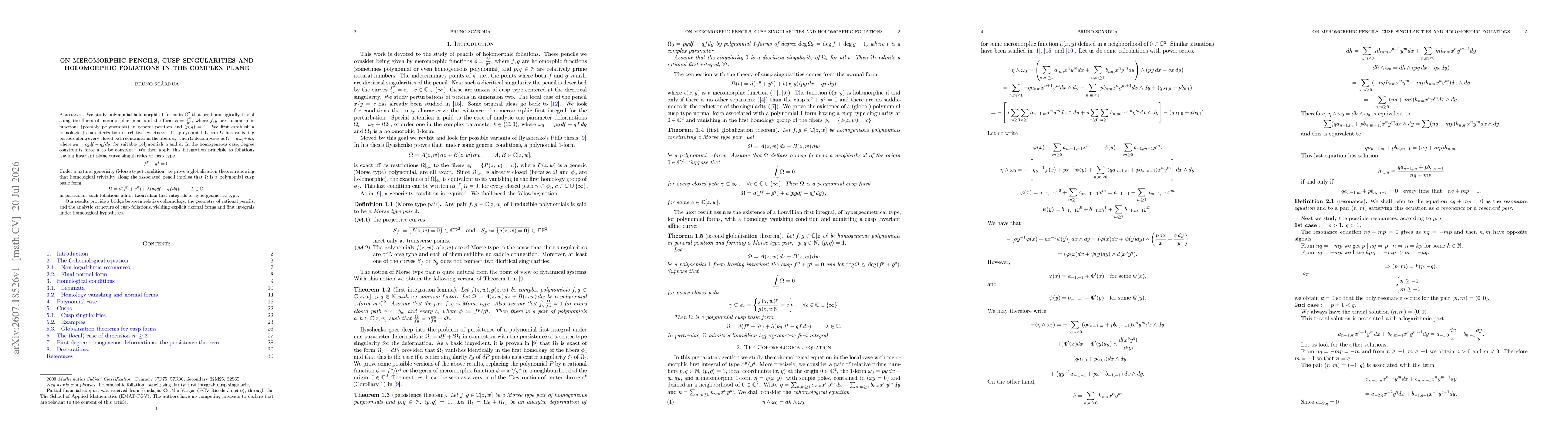 Thumbnail for On meromorphic pencils, cusp singularities and holomorphic foliations in the complex plane