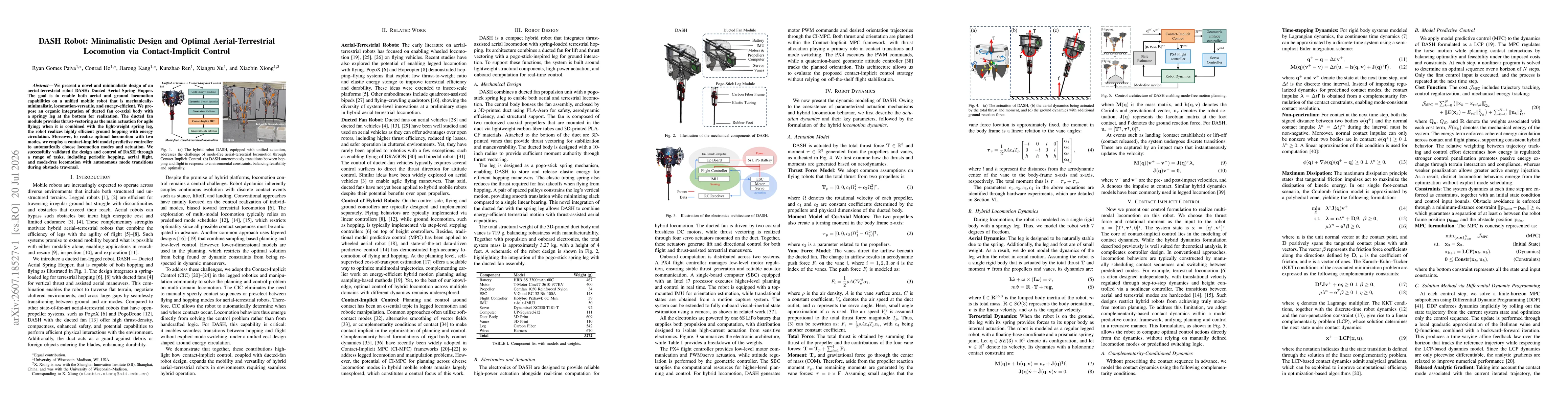 Thumbnail for DASH Robot: Minimalistic Design and Optimal Aerial-Terrestrial Locomotion via Contact-Implicit Control