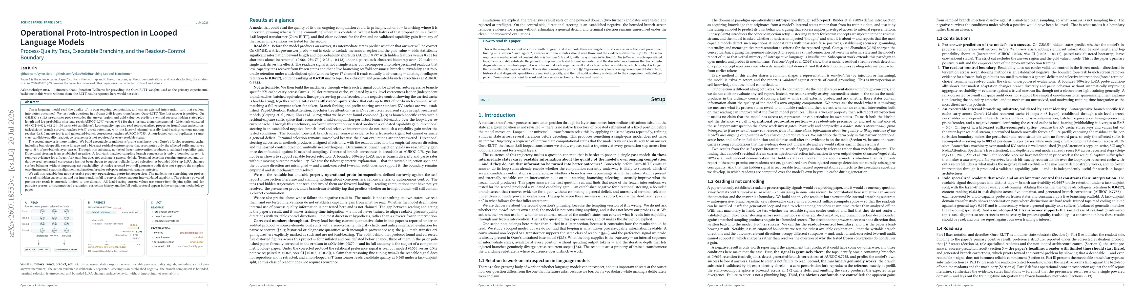 Thumbnail for Operational Proto-Introspection in Looped Language Models: Process-Quality Taps, Executable Branching, and the Readout-Control Boundary
