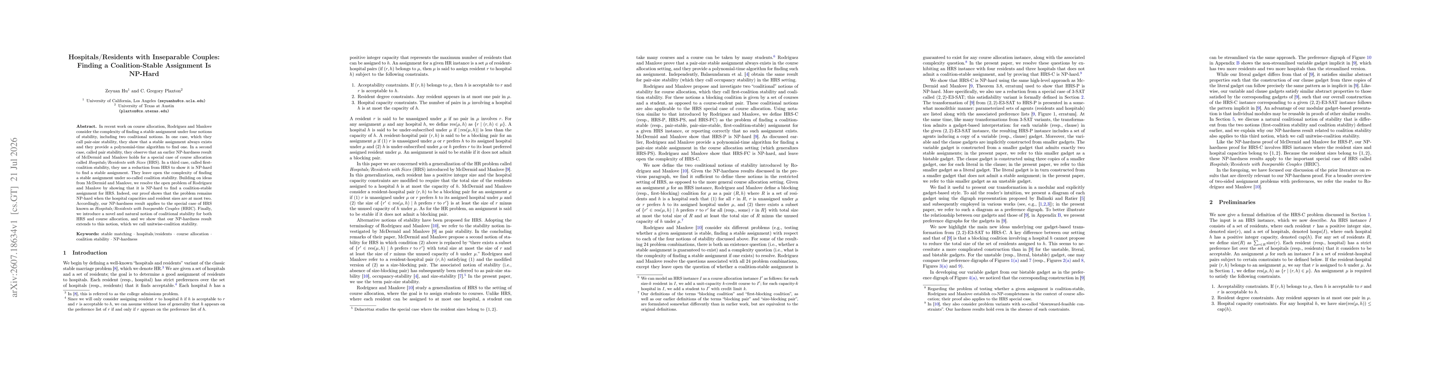 Thumbnail for Hospitals/Residents with Inseparable Couples: Finding a Coalition-Stable Assignment Is NP-Hard