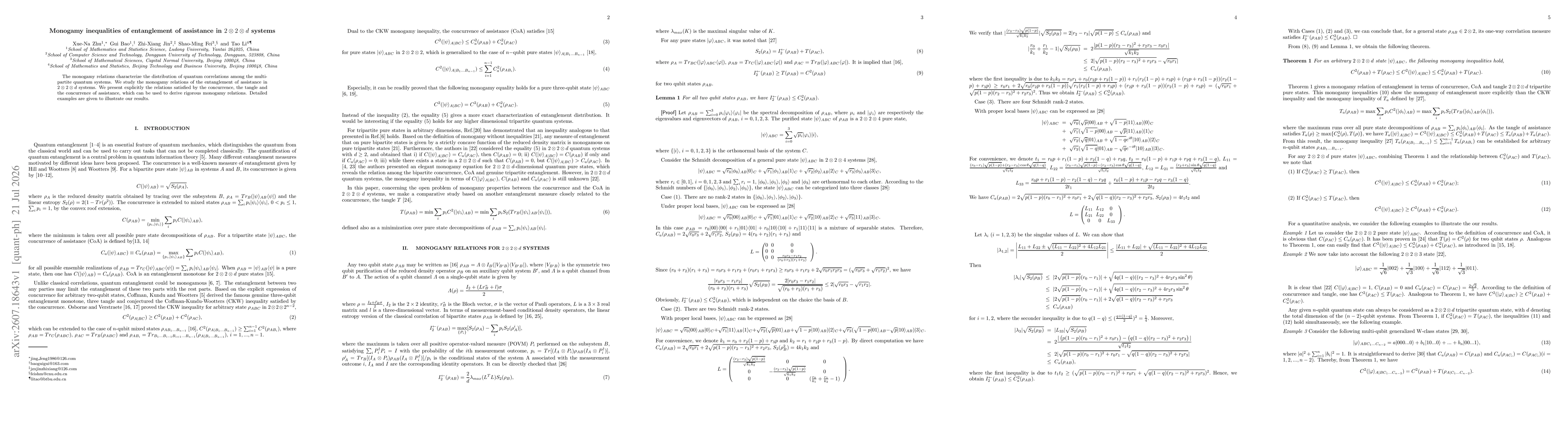 Thumbnail for Monogamy inequalities of entanglement of assistance in $2\otimes 2\otimes d$ systems