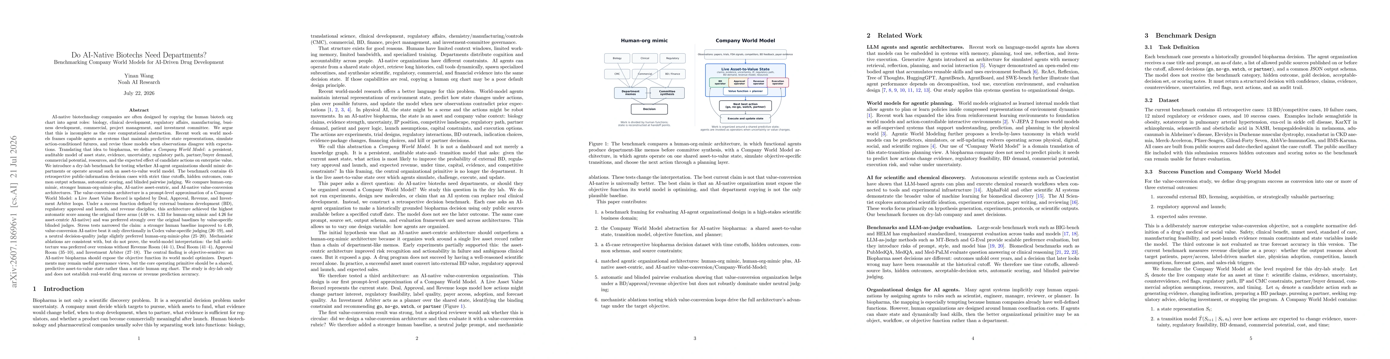 Thumbnail for Do AI-Native Biotechs Need Departments? Benchmarking Company World Models for AI-Driven Drug Development