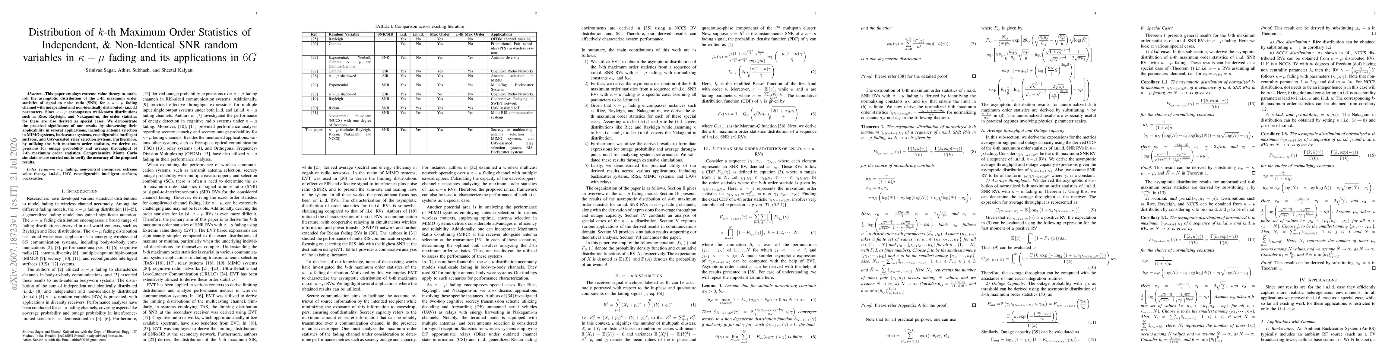 Thumbnail for Distribution of $k$-th Maximum Order Statistics of Independent, & Non-Identical SNR random variables in $κ-μ$ fading and its applications in $6G$
