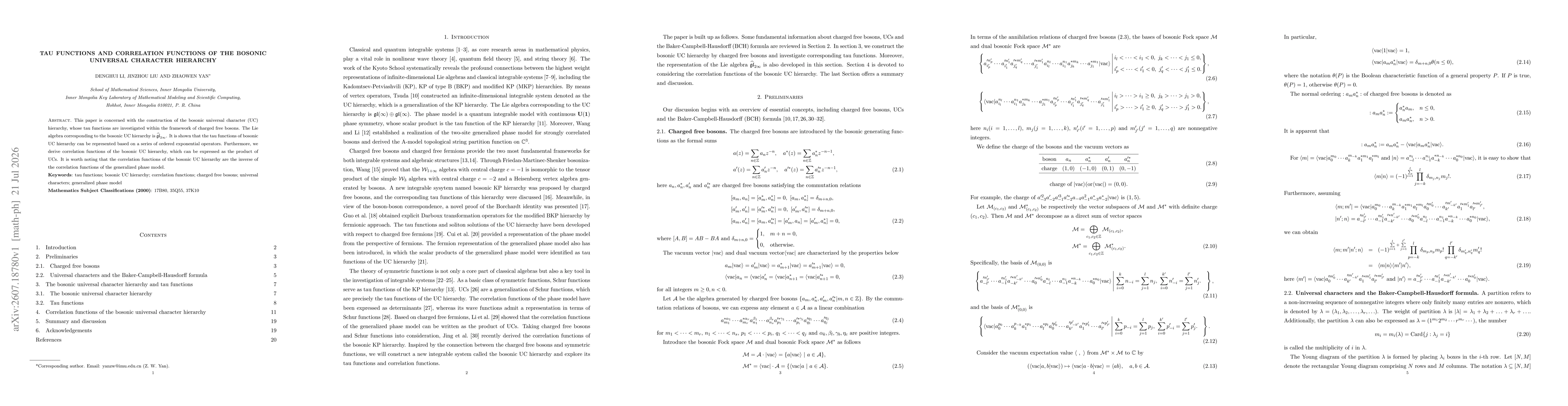Thumbnail for Tau functions and correlation functions of the bosonic universal character hierarchy