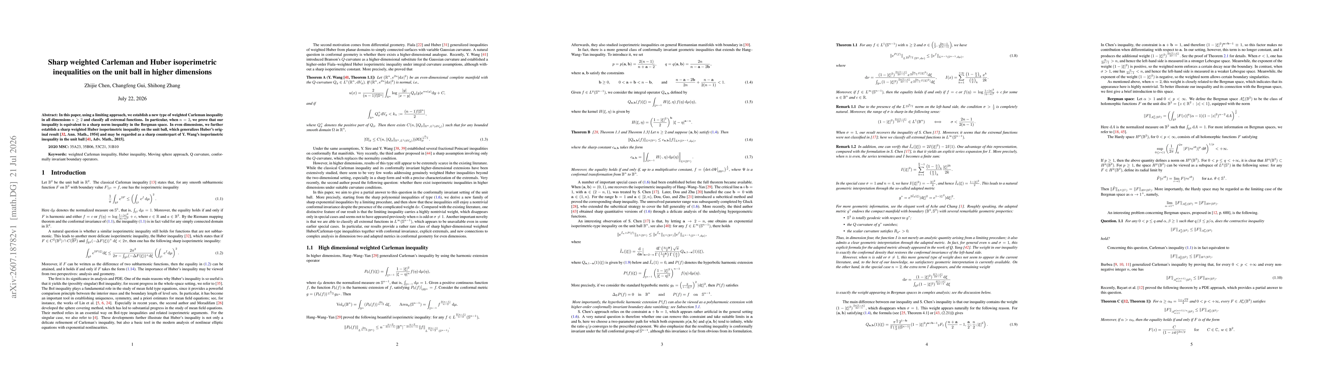 Thumbnail for Sharp weighted Carleman and Huber isoperimetric inequalities on the unit ball in higher dimensions