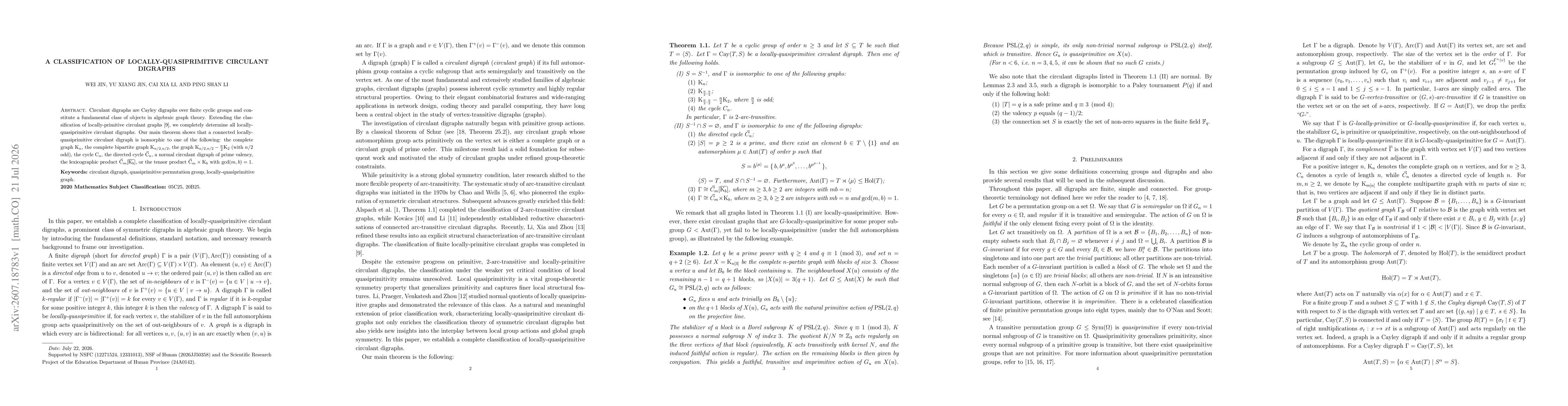 Thumbnail for A classification of locally-quasiprimitive circulant digraphs