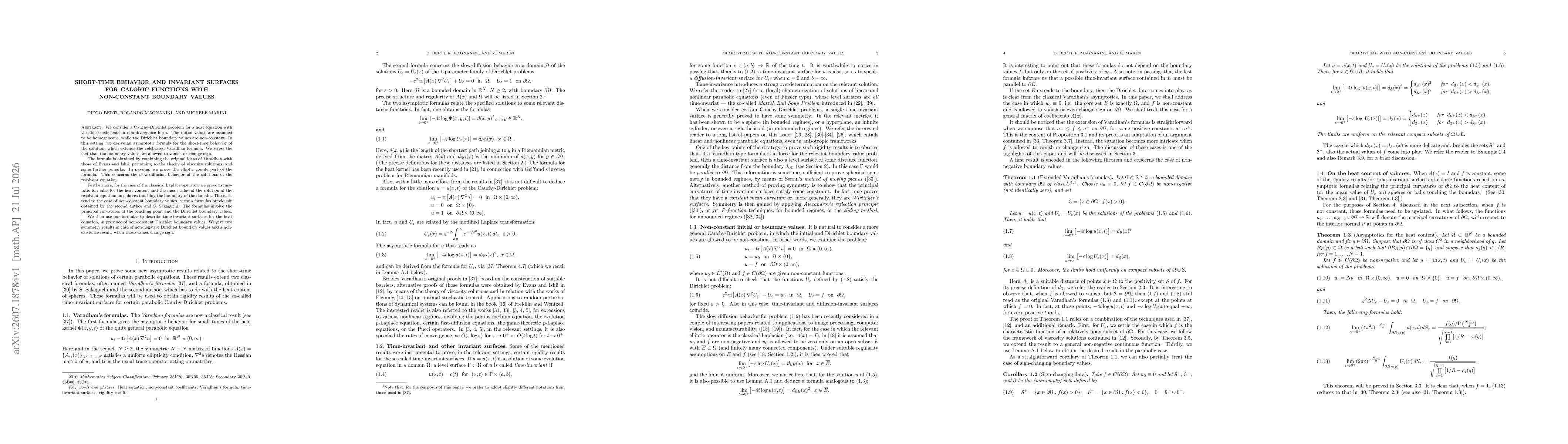 Thumbnail for Short-time behavior and invariant surfaces for caloric functions with non-constant boundary values