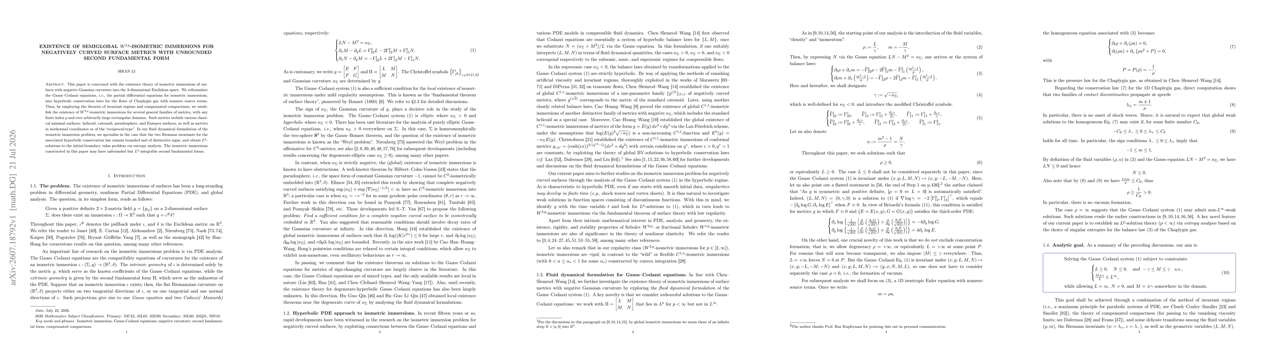 Thumbnail for Existence of semiglobal $W^{2,p}$-isometric immersions for negatively curved surface metrics with unbounded second fundamental form
