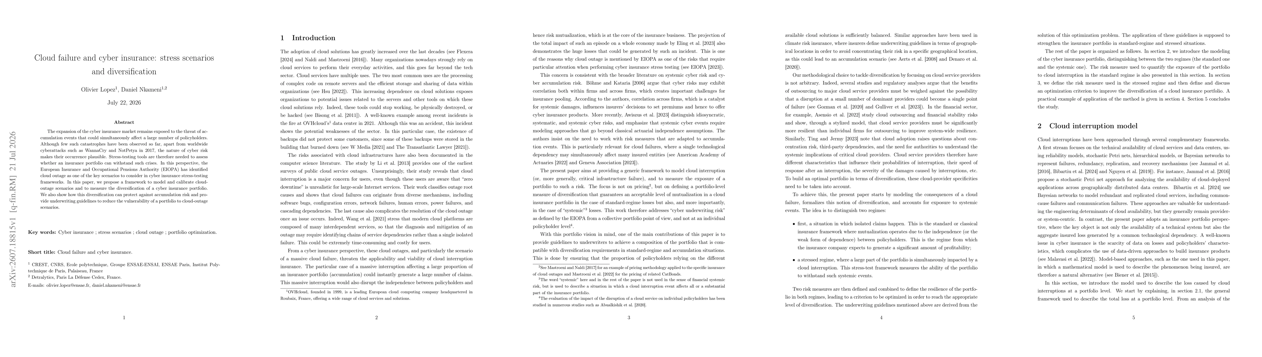 Thumbnail for Cloud failure and cyber insurance: calibration of stress scenarios and diversification