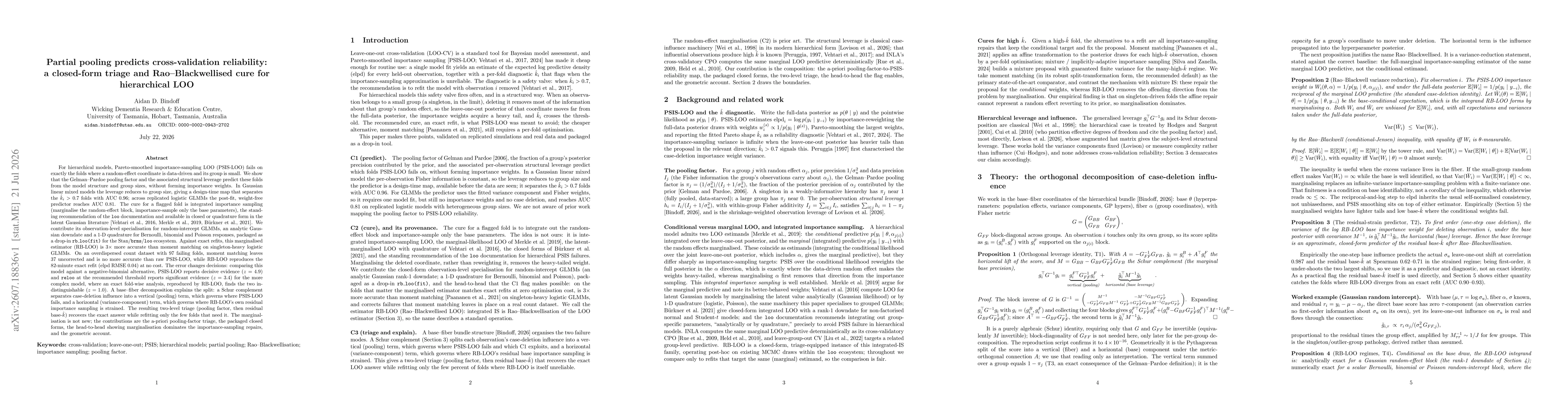 Thumbnail for Partial pooling predicts cross-validation reliability: a closed-form triage and Rao-Blackwellised cure for hierarchical LOO