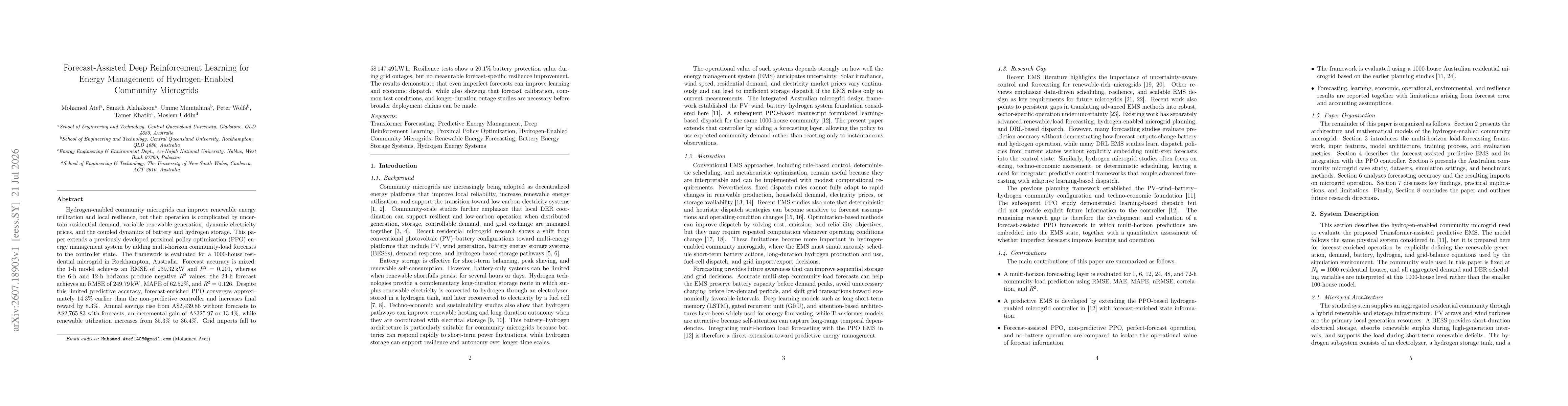 Thumbnail for Forecast-Assisted Deep Reinforcement Learning for Energy Management of Hydrogen-Enabled Community Microgrids