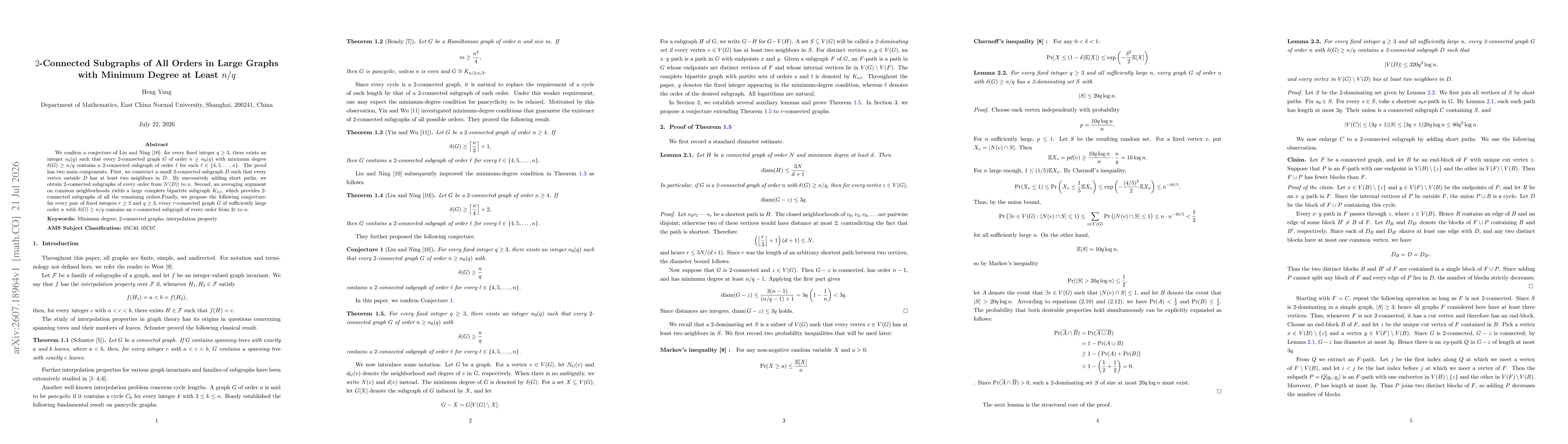 Thumbnail for 2-Connected Subgraphs of All Orders in Large Graphs with Minimum Degree at Least n/q