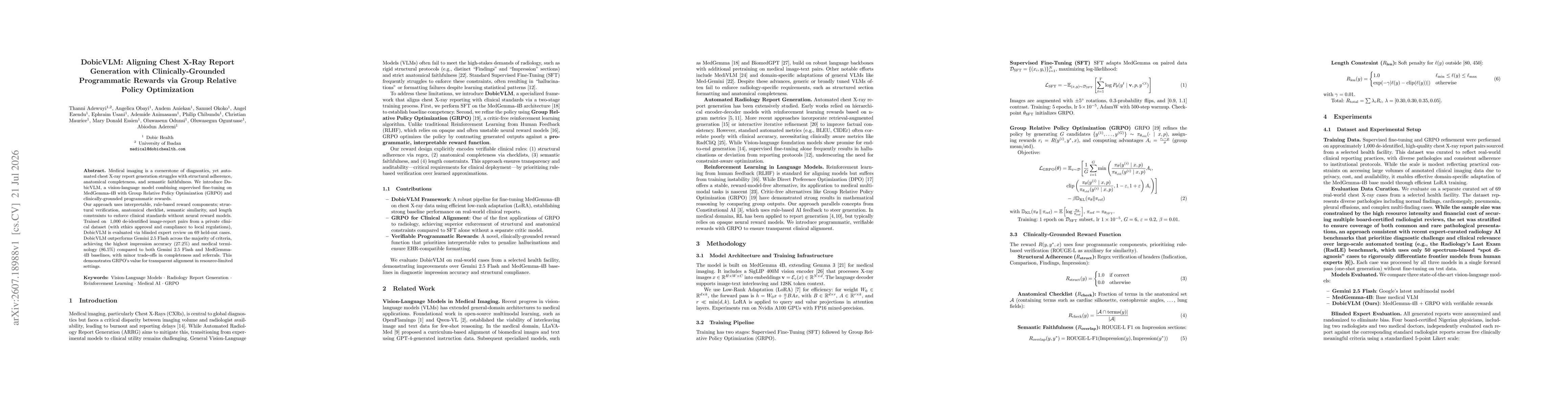 Thumbnail for DobicVLM: Aligning Chest X-Ray Report Generation with Clinically-Grounded Programmatic Rewards via Group Relative Policy Optimization