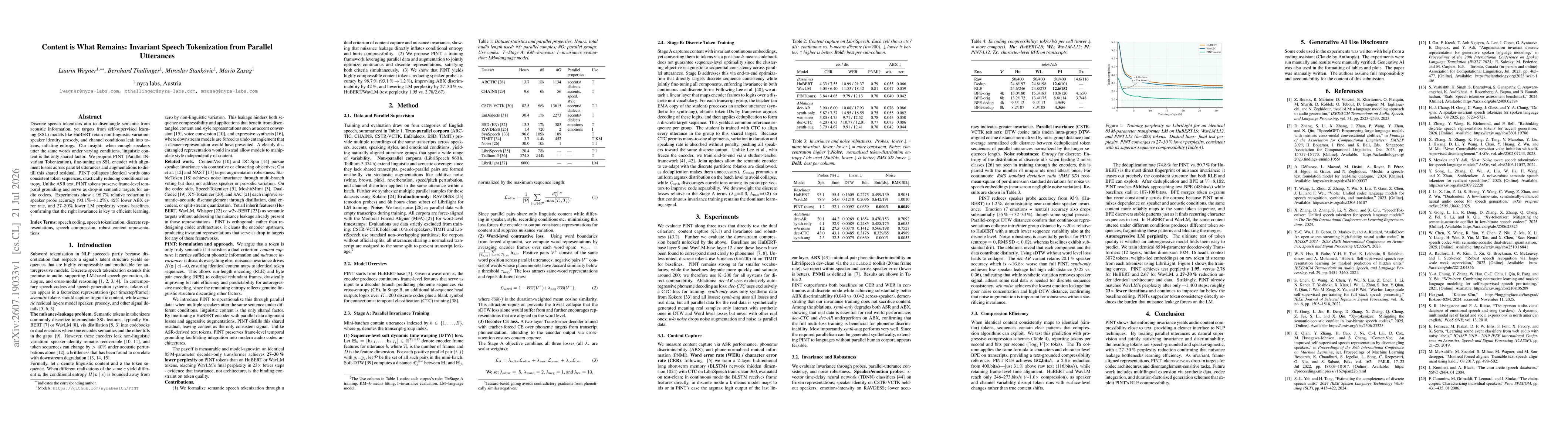 Thumbnail for Content is What Remains: Invariant Speech Tokenization from Parallel Utterances