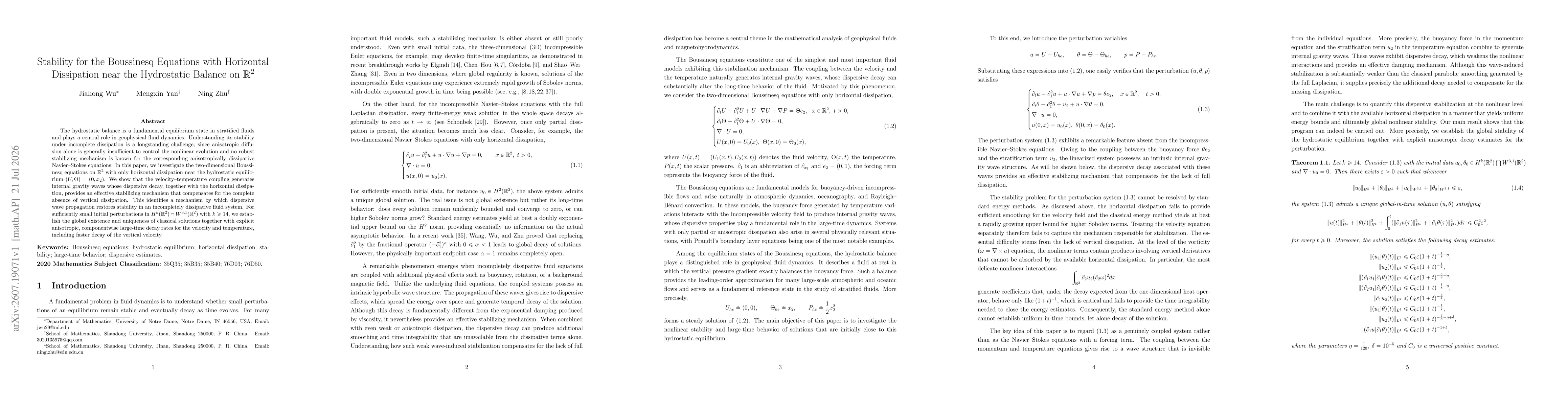 Thumbnail for Stability for the Boussinesq Equations with Horizontal Dissipation near the Hydrostatic Balance on $\mathbb{R}^2$