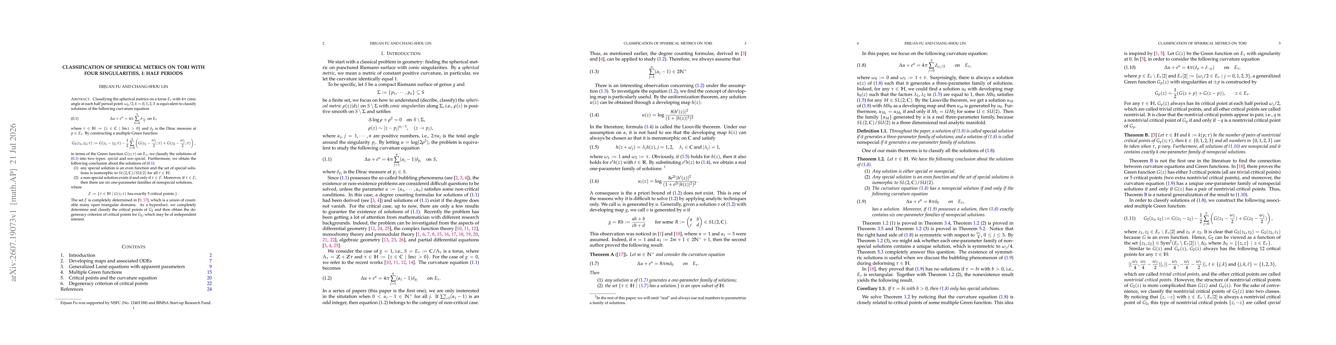 Thumbnail for Classification of spherical metrics on tori with four singularities, I: half periods
