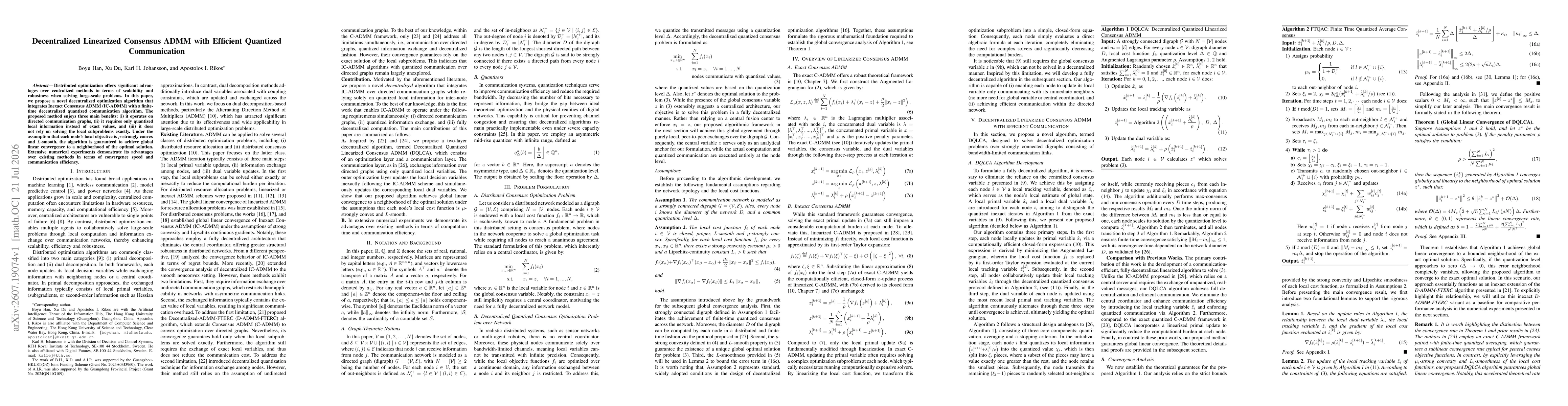 Thumbnail for Decentralized Linearized Consensus ADMM with Efficient Quantized Communication