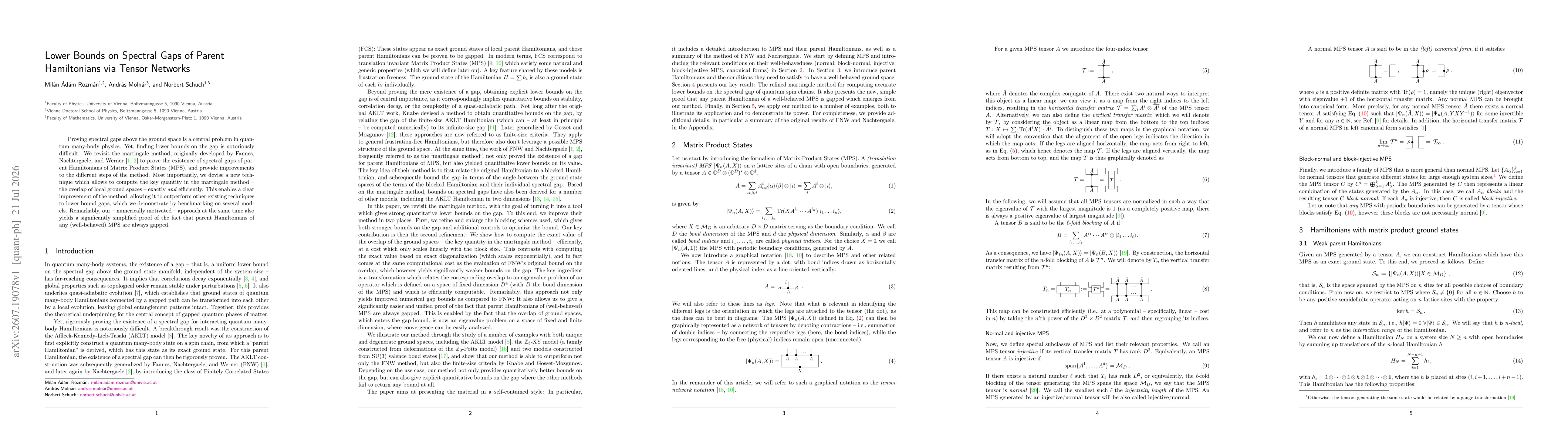 Thumbnail for Lower Bounds on Spectral Gaps of Parent Hamiltonians via Tensor Networks