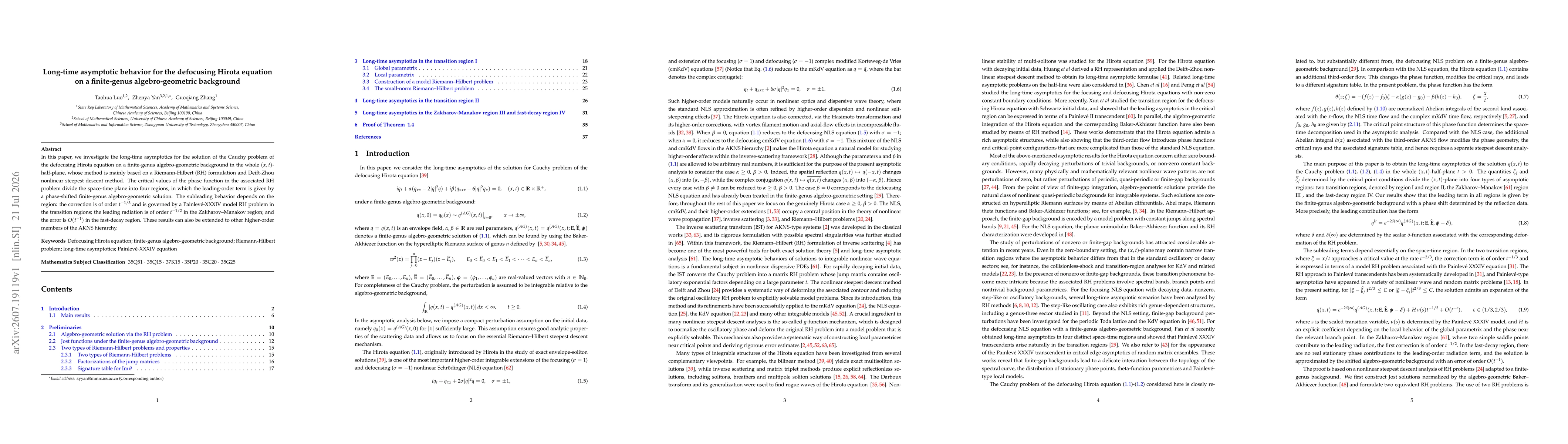 Thumbnail for Long-time asymptotic behavior for the defocusing Hirota equation on a finite-genus algebro-geometric background