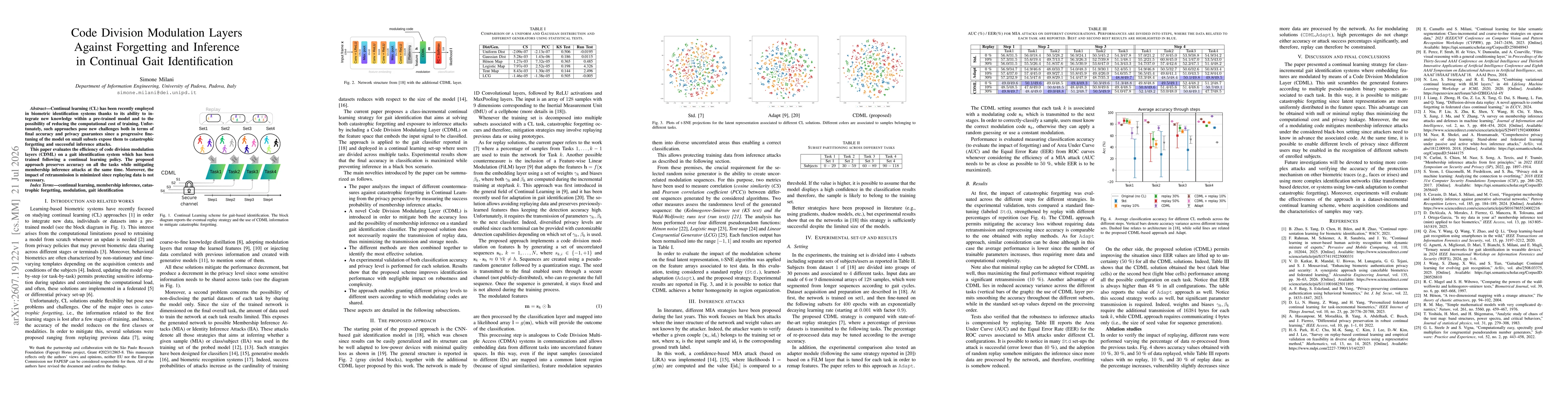 Thumbnail for Code Division Modulation Layers Against Forgetting and Inference in Continual Gait Identification