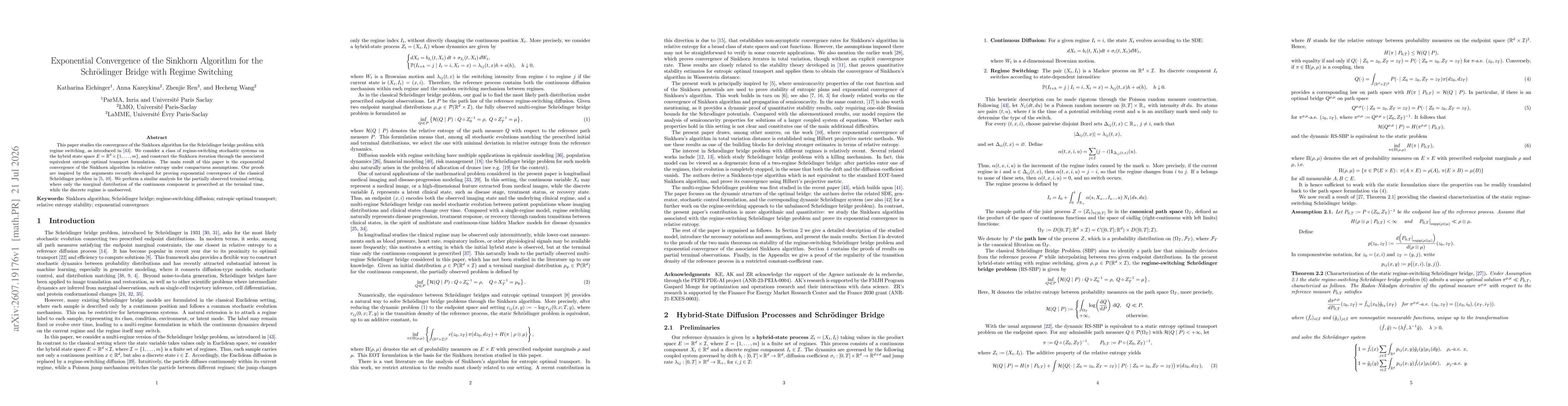 Thumbnail for Exponential Convergence of the Sinkhorn Algorithm for the Schrödinger Bridge with Regime Switching