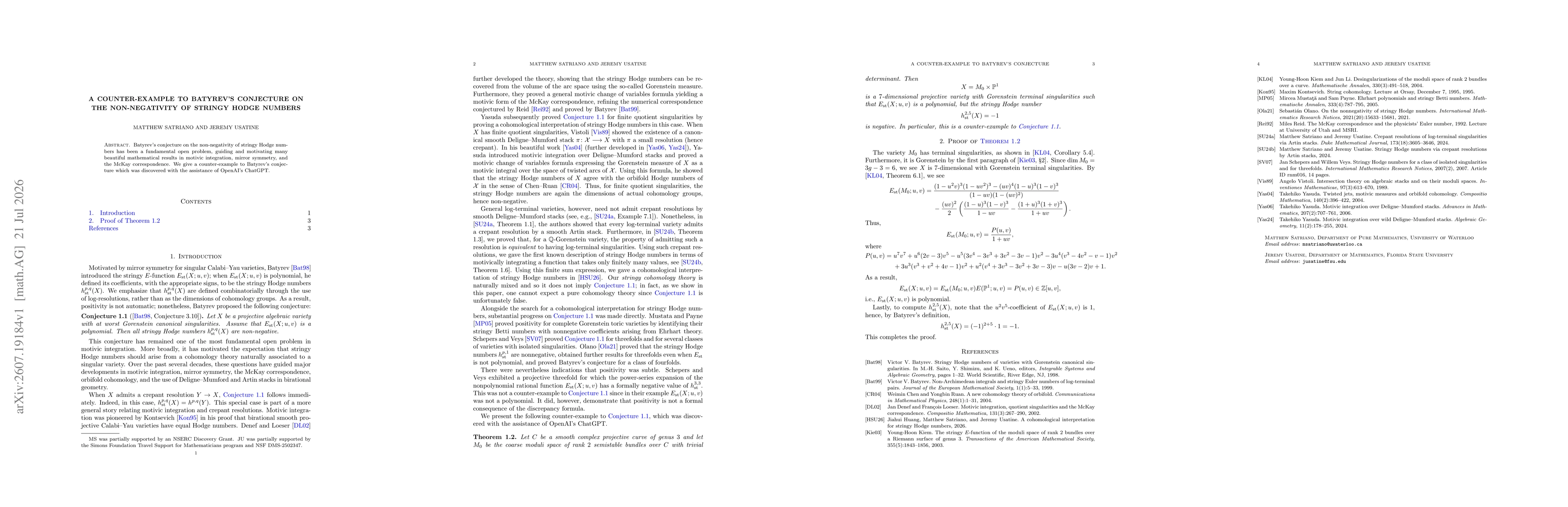 Thumbnail for A counter-example to Batyrev's conjecture on the non-negativity of stringy Hodge numbers