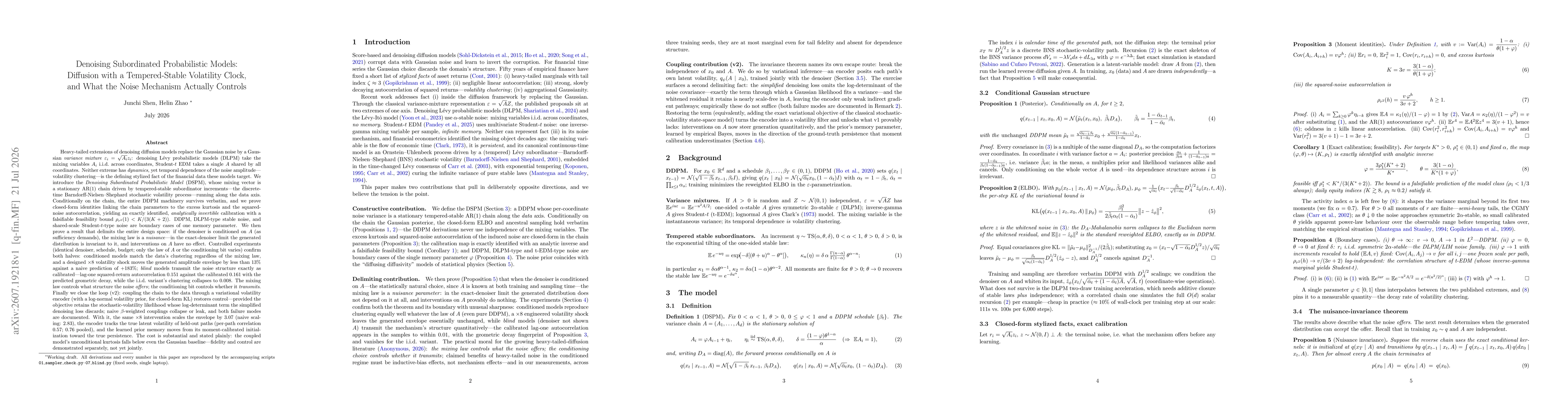 Thumbnail for Denoising Subordinated Probabilistic Models: Diffusion with a Tempered-Stable Volatility Clock, and What the Noise Mechanism Actually Controls
