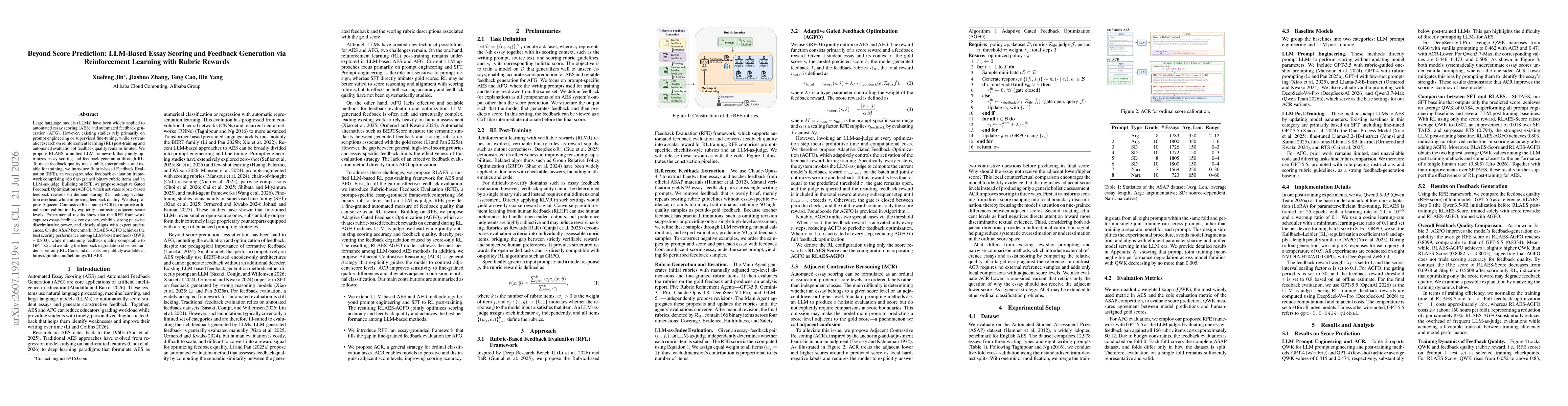 Thumbnail for Beyond Score Prediction: LLM-Based Essay Scoring and Feedback Generation via Reinforcement Learning with Rubric Rewards