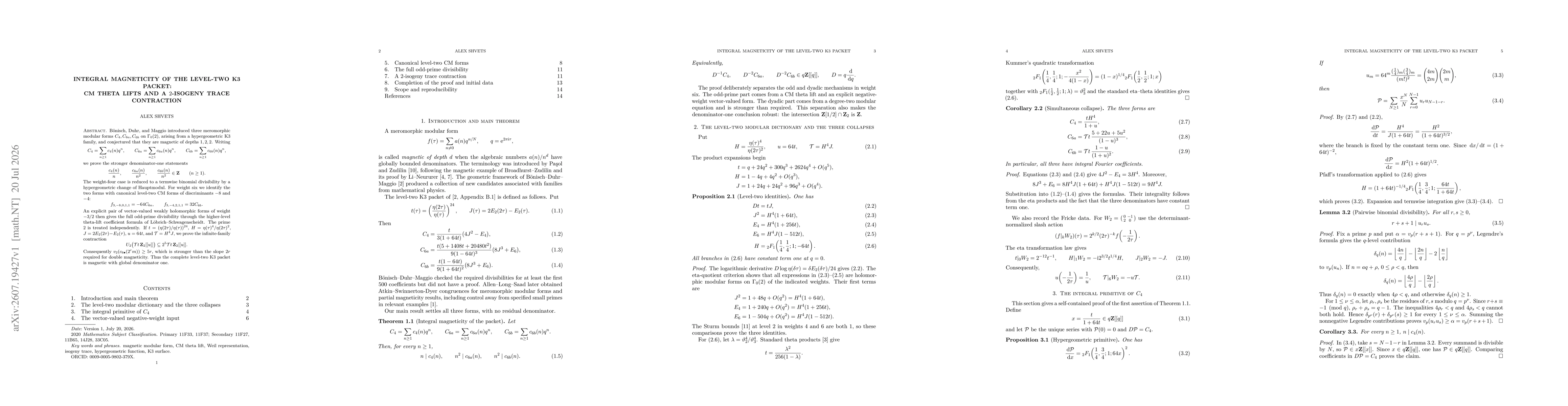Thumbnail for Integral magneticity of the level-two K3 packet: CM theta lifts and a 2-isogeny trace contraction
