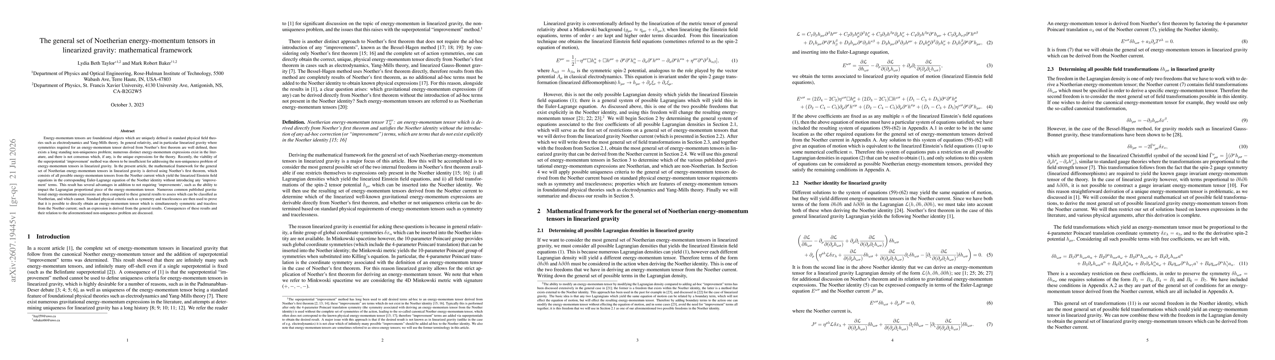 Thumbnail for The general set of Noetherian energy-momentum tensors in linearized gravity: mathematical framework