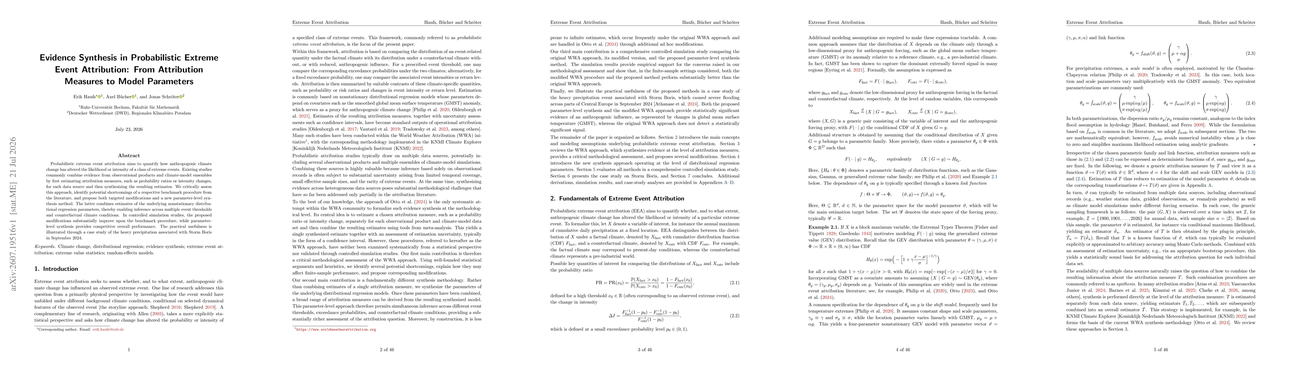 Thumbnail for Evidence Synthesis in Probabilistic Extreme Event Attribution: From Attribution Measures to Model Parameters