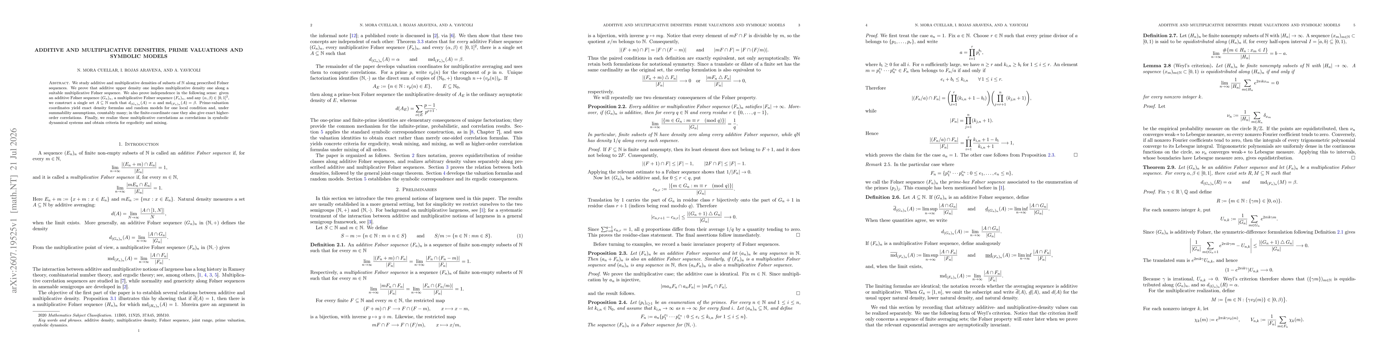 Thumbnail for Additive and multiplicative densities, prime valuations and symbolic models