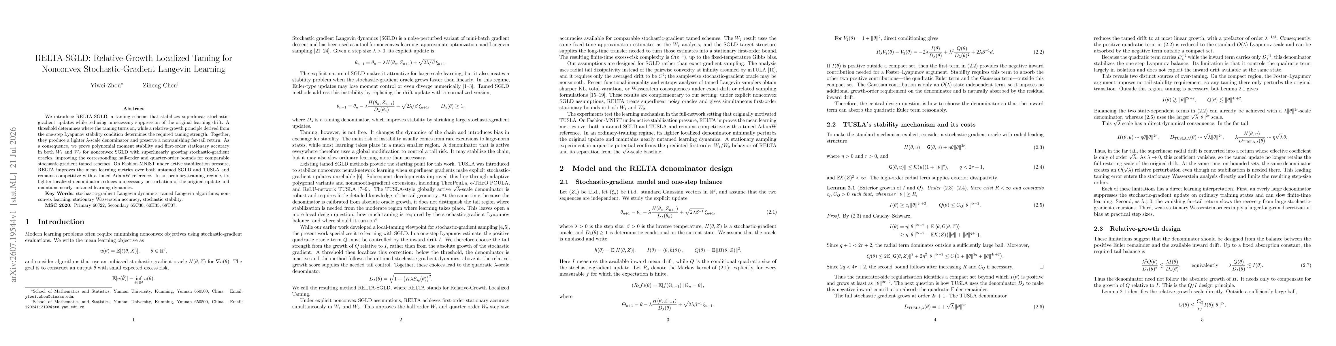 Thumbnail for RELTA-SGLD: Relative-Growth Localized Taming for Nonconvex Stochastic-Gradient Langevin Learning