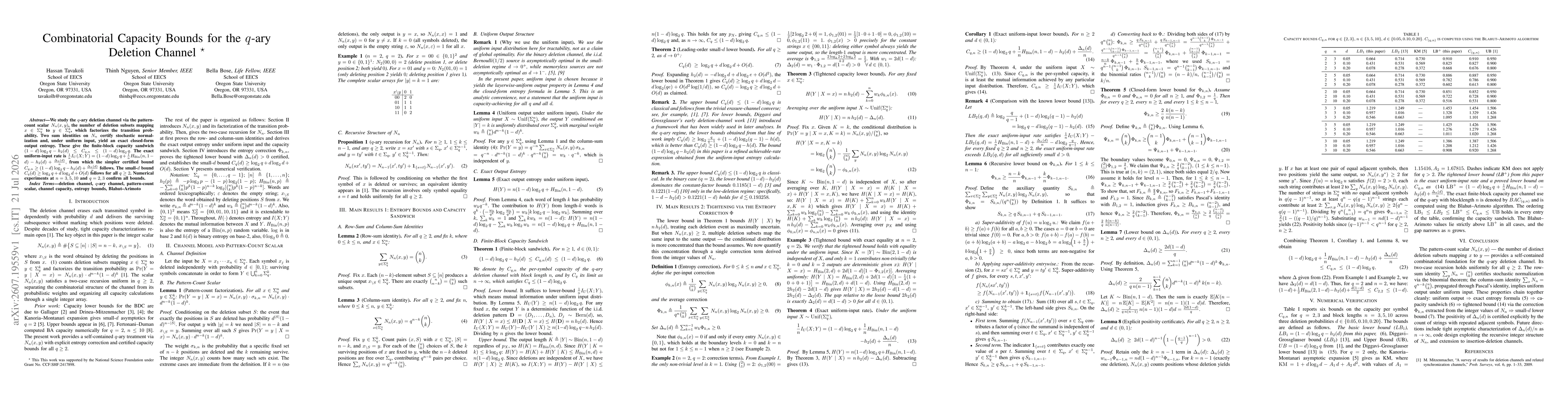 Thumbnail for Combinatorial Capacity Bounds for the $q$-ary Deletion Channel