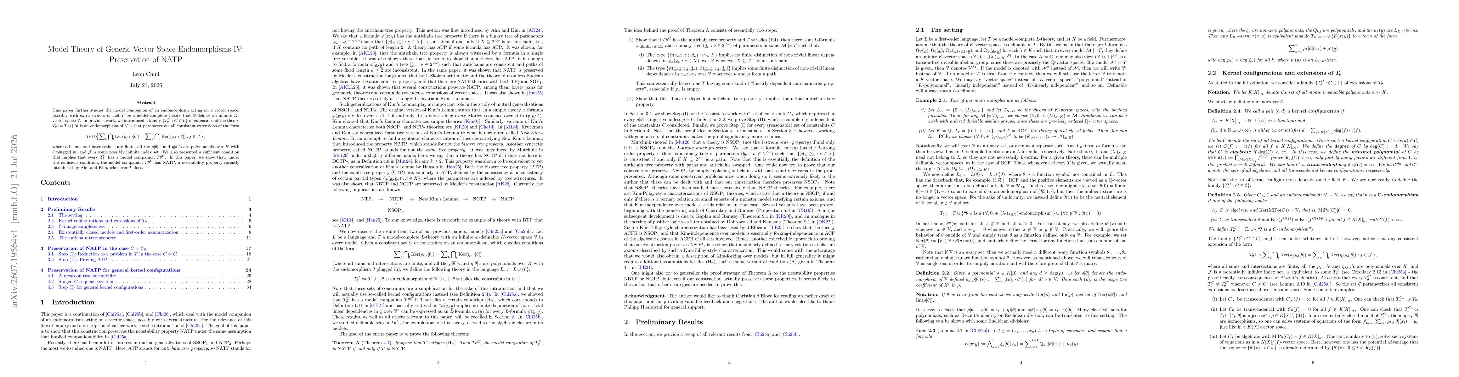 Thumbnail for Model Theory of Generic Vector Space Endomorphisms IV: Preservation of NATP