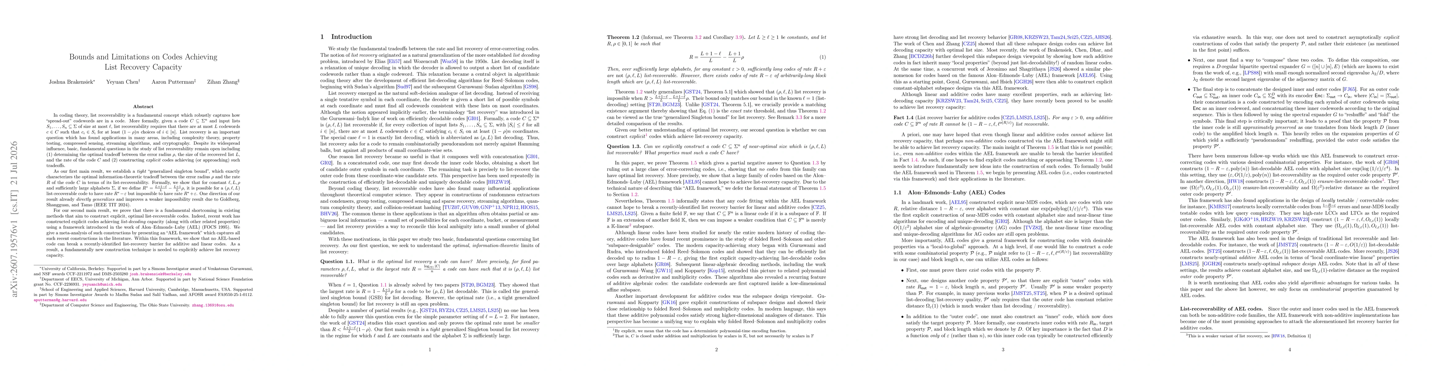 Thumbnail for Bounds and Limitations on Codes Achieving List Recovery Capacity