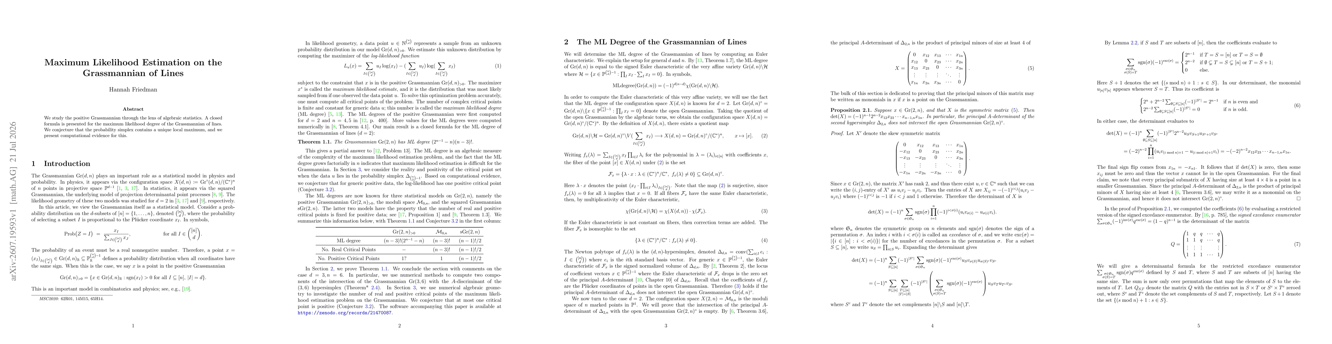 Thumbnail for Maximum Likelihood Estimation on the Grassmannian of Lines