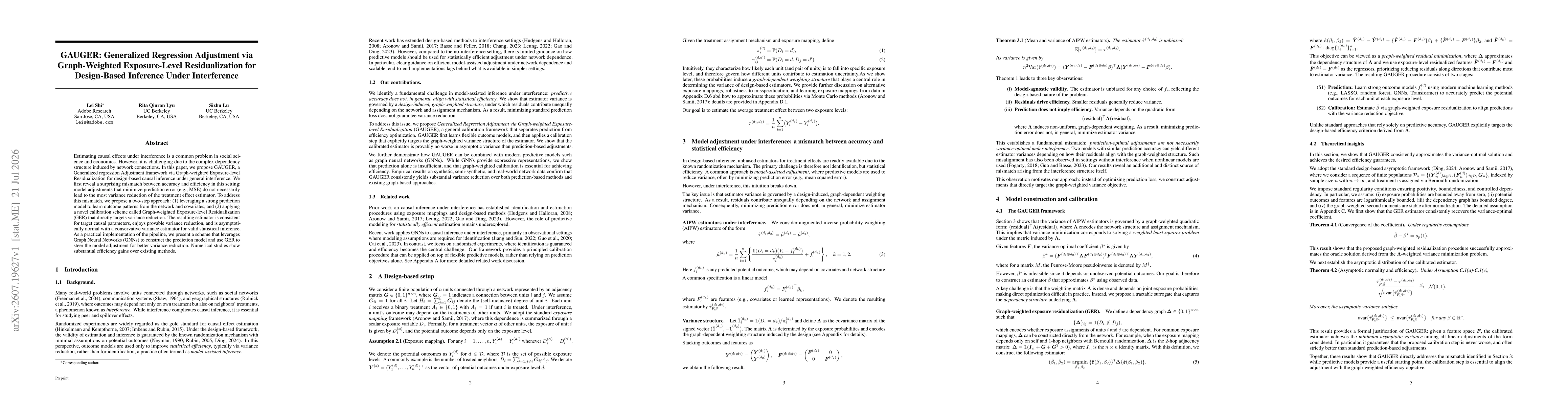 Thumbnail for GAUGER: Generalized Regression Adjustment via Graph-Weighted Exposure-Level Residualization for Design-Based Inference Under Interference
