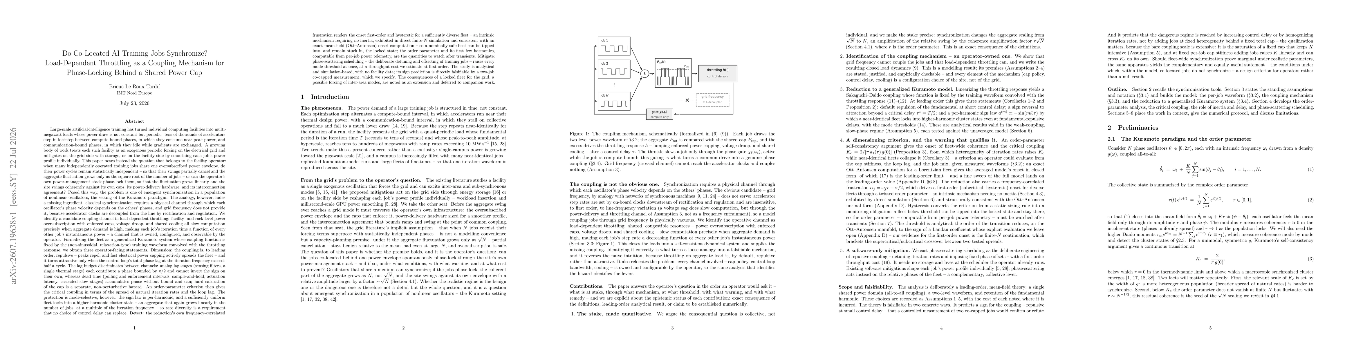 Thumbnail for Do Co-Located AI Training Jobs Synchronize? Load-Dependent Throttling as a Coupling Mechanism for Phase-Locking Behind a Shared Power Cap