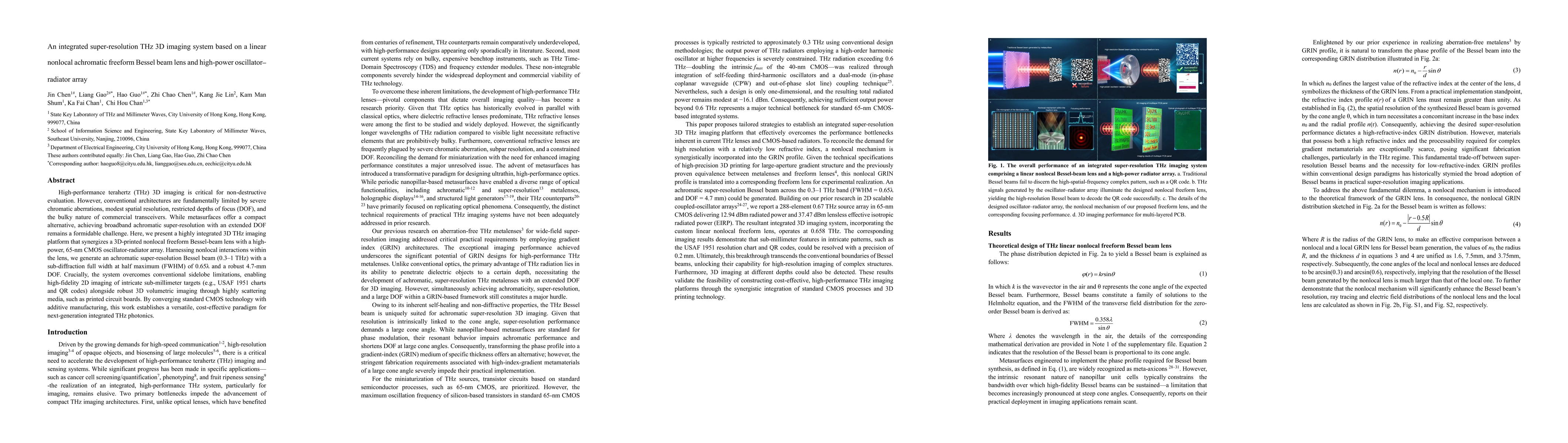 Thumbnail for An integrated super resolution THz 3D imaging system based on a linear nonlocal achromatic freeform Bessel beam lens and high power oscillator radiator array