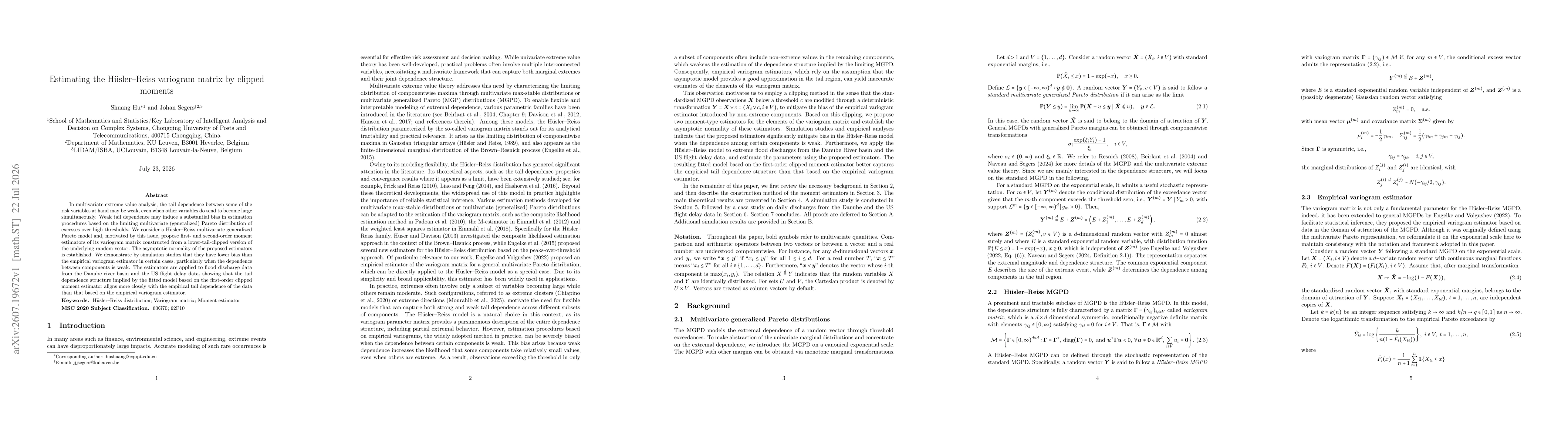 Thumbnail for Estimating the Hüsler--Reiss variogram matrix by clipped moments