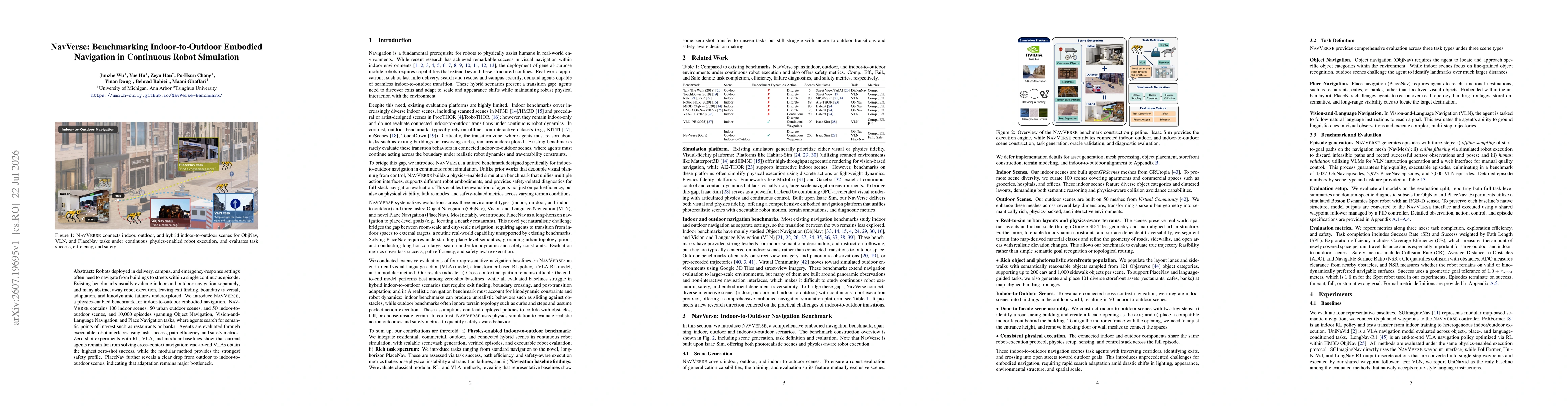 Thumbnail for NavVerse: Benchmarking Indoor-to-Outdoor Embodied Navigation in Continuous Robot Simulation