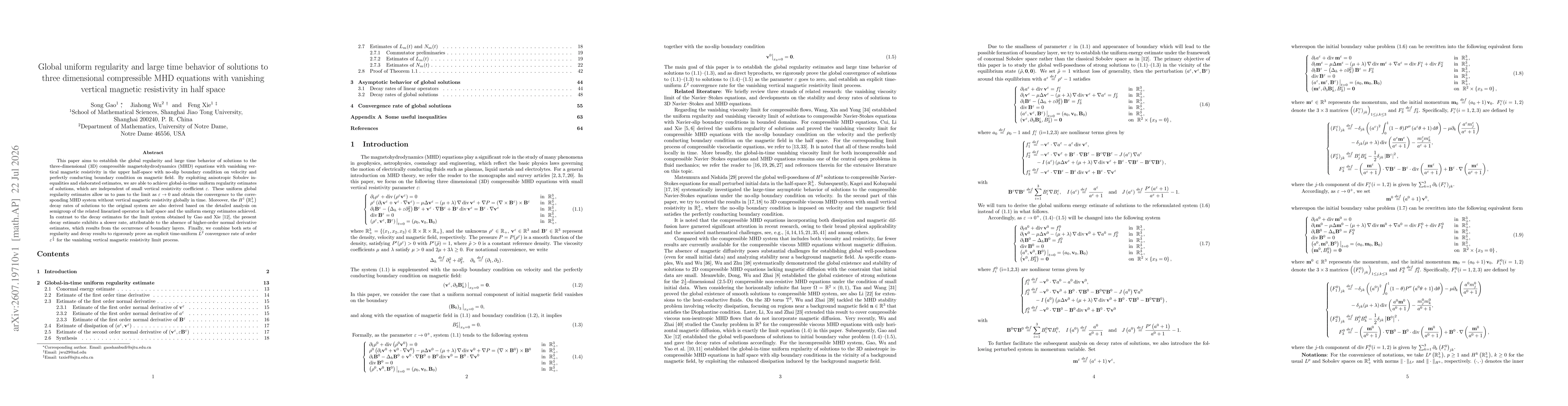 Thumbnail for Global uniform regularity and large time behavior of solutions to three dimensional compressible MHD equations with vanishing vertical magnetic resistivity in half space