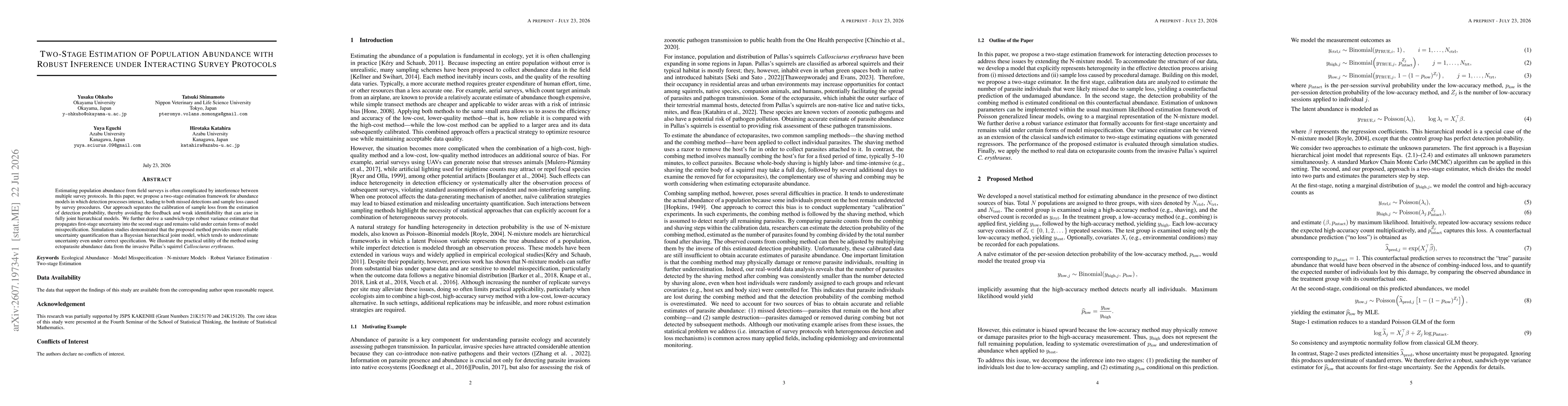 Thumbnail for Two-Stage Estimation of Population Abundance with Robust Inference under Interacting Survey Protocols