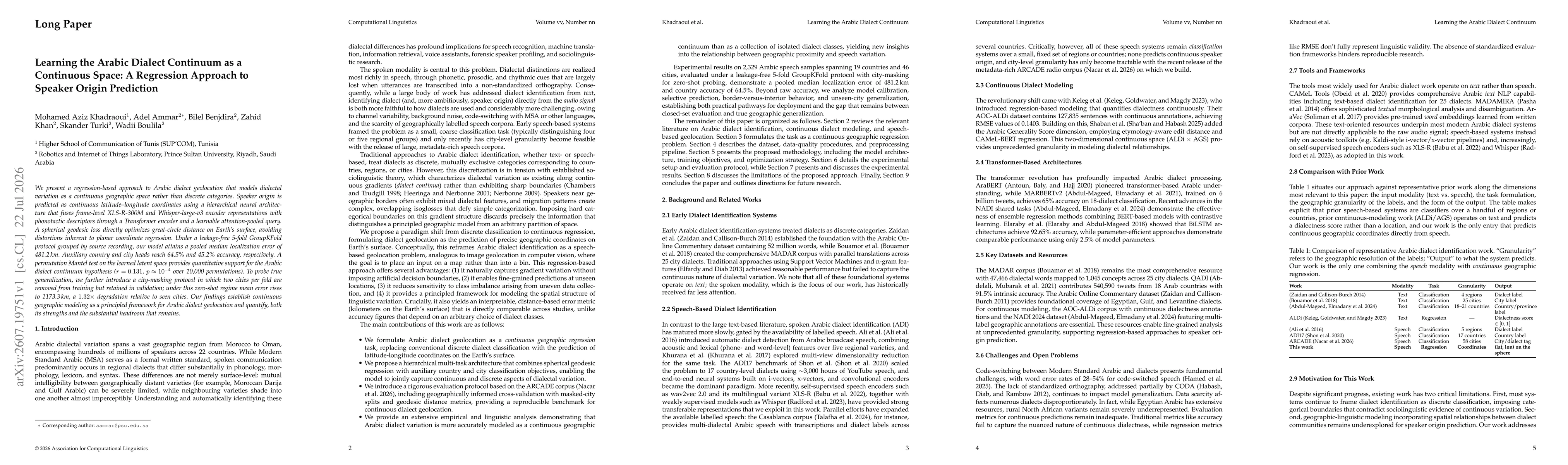 Thumbnail for Learning the Arabic Dialect Continuum as a Continuous Space: A Regression Approach to Speaker Origin Prediction
