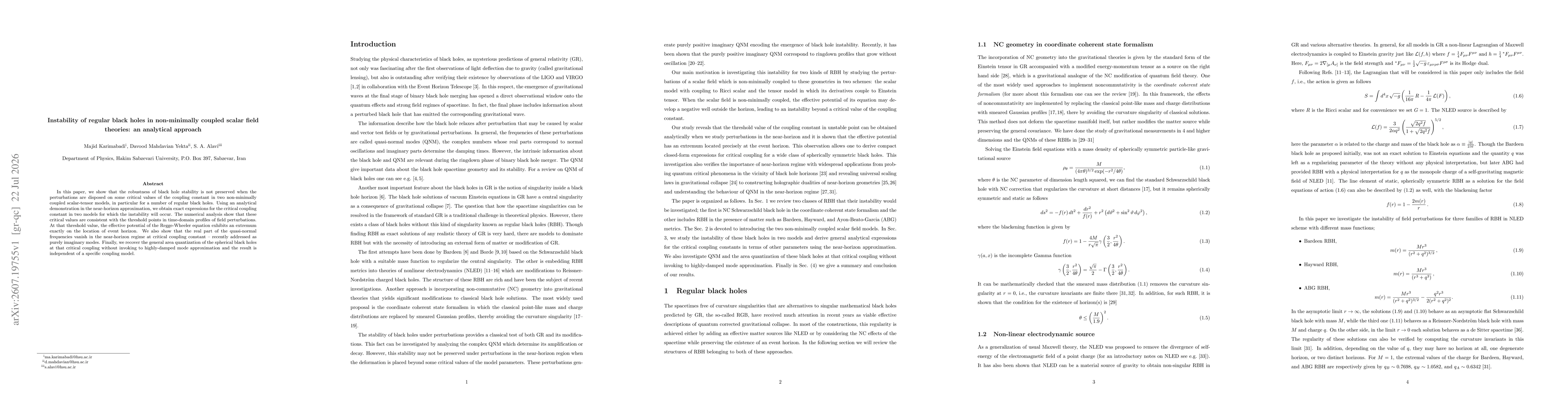 Thumbnail for Instability of regular black holes in non-minimally coupled scalar field theories: an analytical approach