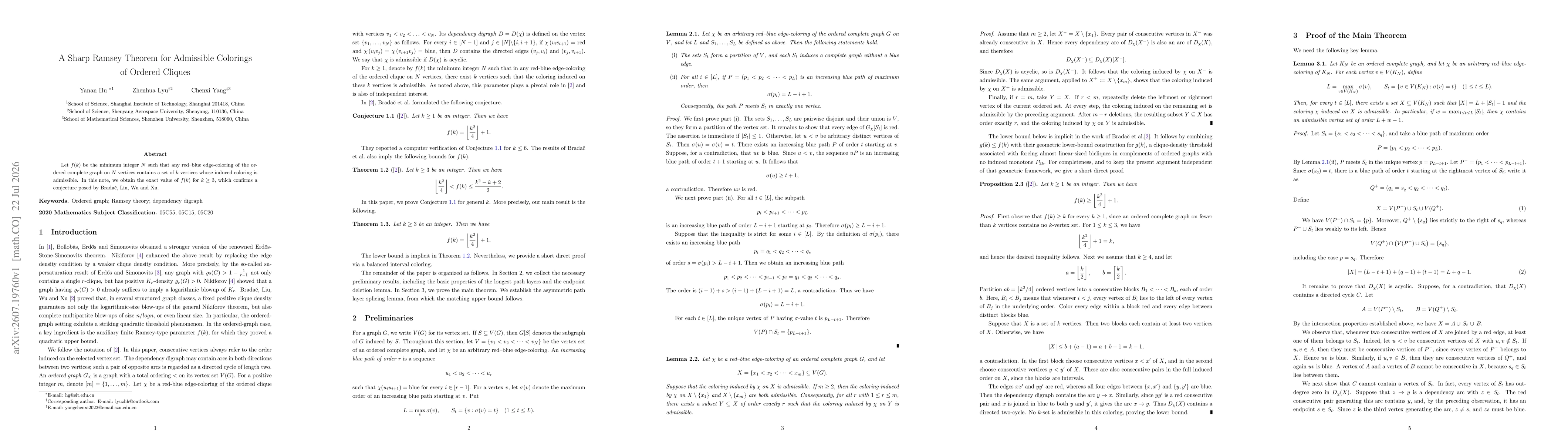Thumbnail for A Sharp Ramsey Theorem for Admissible Colorings of Ordered Cliques