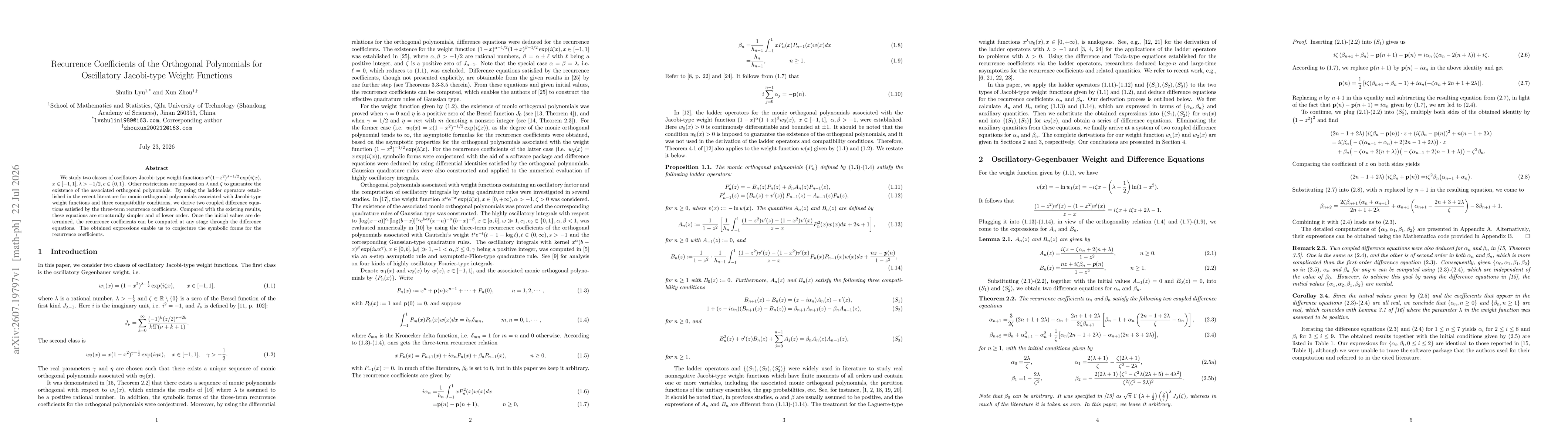 Thumbnail for Recurrence Coefficients of the Orthogonal Polynomials for Oscillatory Jacobi-type Weight Functions